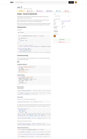 View of DStyler's npm page. Dstyler is a package for working with dynamic stylesheets powered by postcss. Create, Remove, Update and Delete css styles dynamically.